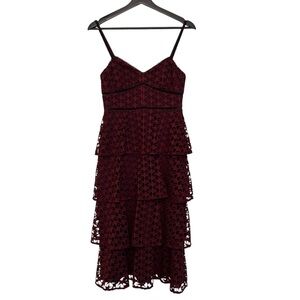 Club Monaco Star Embroidered Tiered Midi Dress Dark Cranberry Red US 0 Romantic
